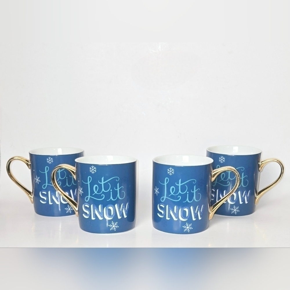 Ciroa “Let It Snow” Mug Set of 4 – Blue & Gold Holiday Mugs Vintage Style